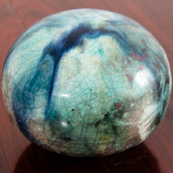 Mid Century Orb Spherical Ceramic Art Piece Navy Blue Teal Drip Glaze Studio Mcm - Image 11