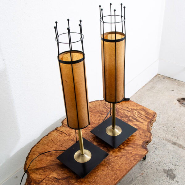 Mid Century Modern Lamp Set Table Light lighting Black Brass Pair Set Round Gold - Image 3
