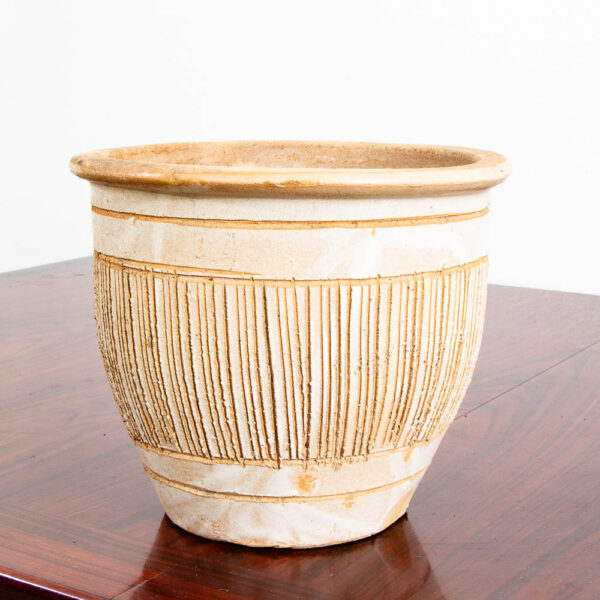Mid Century Modern Planter White Matte Tan Medium Rough Textured Ceramic Pot - Image 2