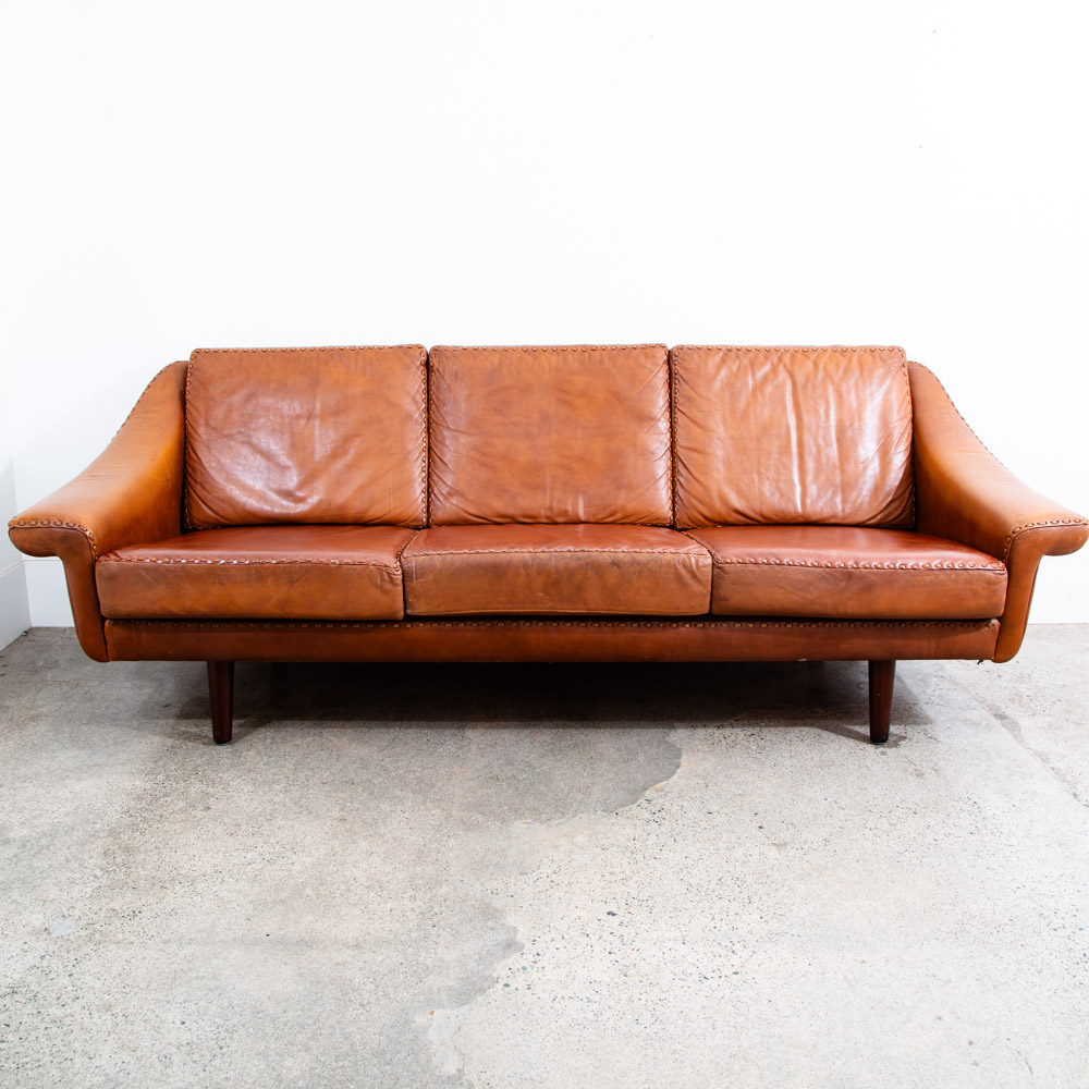 Mid Century Danish Modern Sofa Couch Aage Christiansen Cognac Leather Matador