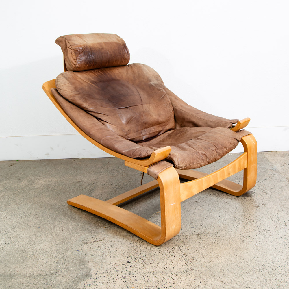 Mid Century Danish Modern Lounge Chairs Brown Leather Bentwood Set Pair Tandem - Image 7