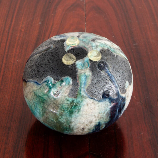 Mid Century Orb Spherical Ceramic Art Piece Navy Blue Teal Drip Glaze Studio Mcm - Image 5