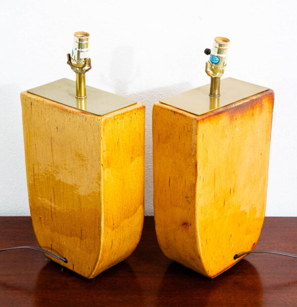 Mid Century Modern Table Lamp Pair Ceramic Yellow Orange Brass Set 2 Studio Mcm - Image 7