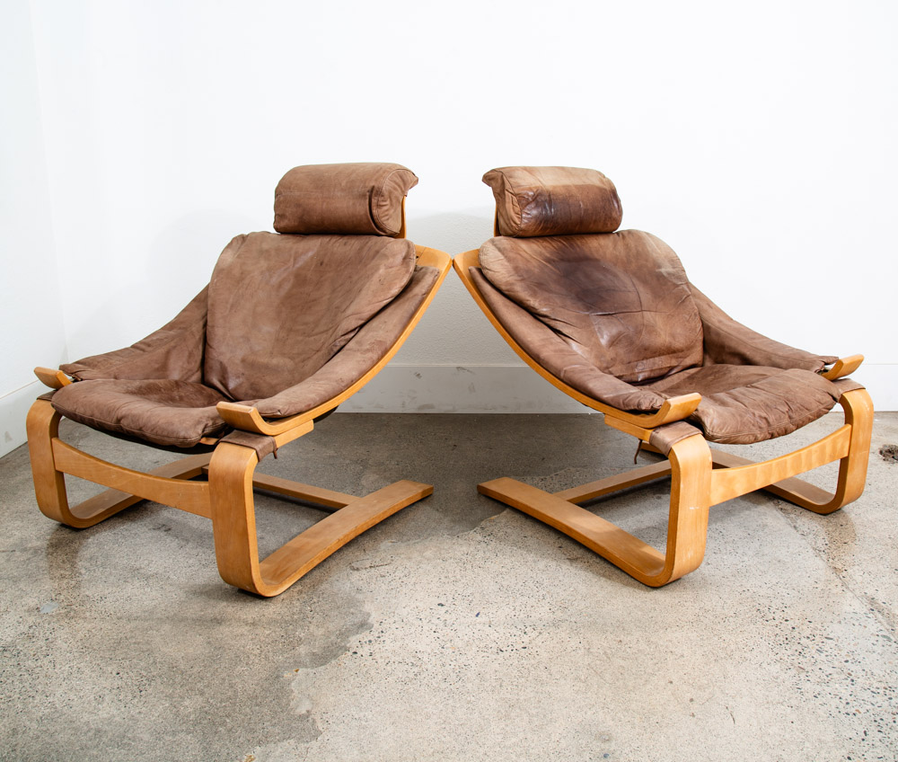 Mid Century Danish Modern Lounge Chairs Brown Leather Bentwood Set Pair Tandem