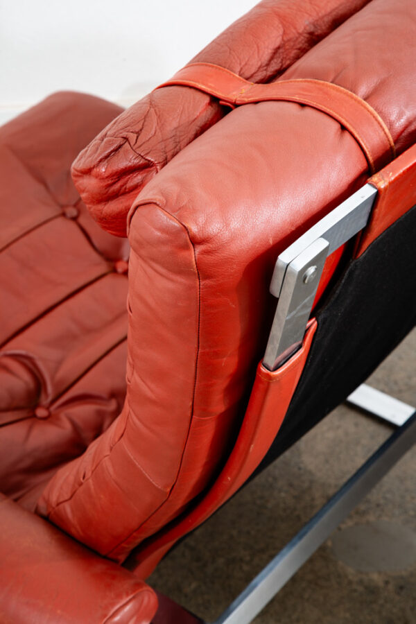Mid Century Danish Modern Lounge Chairs Red Tufted Metal Frames Pair Set Denmark - Image 9