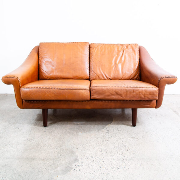 Mid Century Danish Modern Sofa Settee Aage Christiansen Cognac Leather Matador