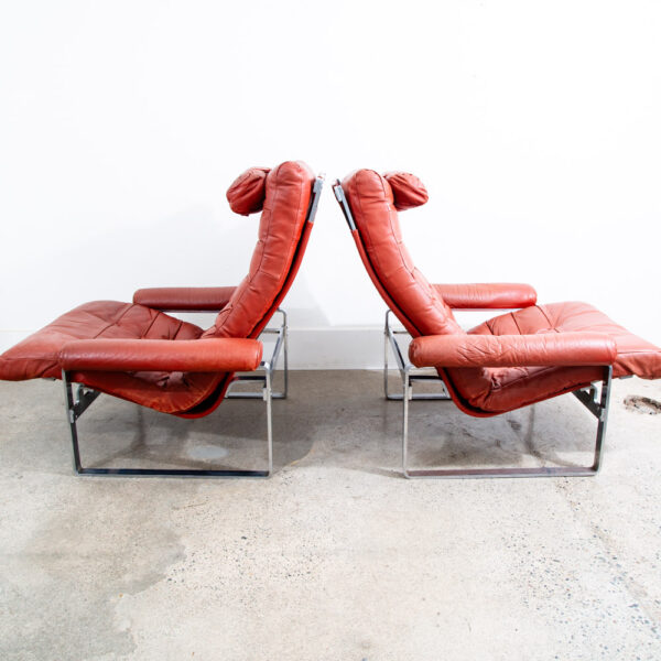 Mid Century Danish Modern Lounge Chairs Red Tufted Metal Frames Pair Set Denmark - Image 2
