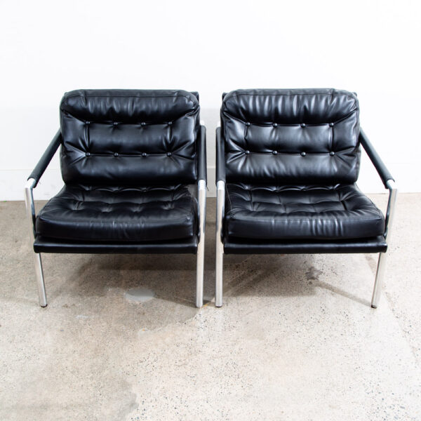 Mid Century Danish Modern Lounge Chairs Black Tufted Metal Frames Vintage Mcm - Image 4