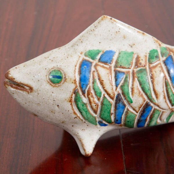 Mid Century Modern Studio Fired Ceramic Fish Green Blue Scales White Decoration - Image 4