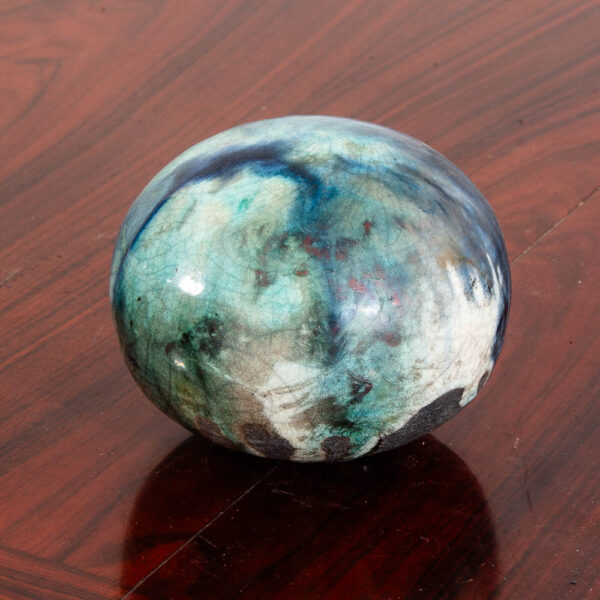 Mid Century Orb Spherical Ceramic Art Piece Navy Blue Teal Drip Glaze Studio Mcm