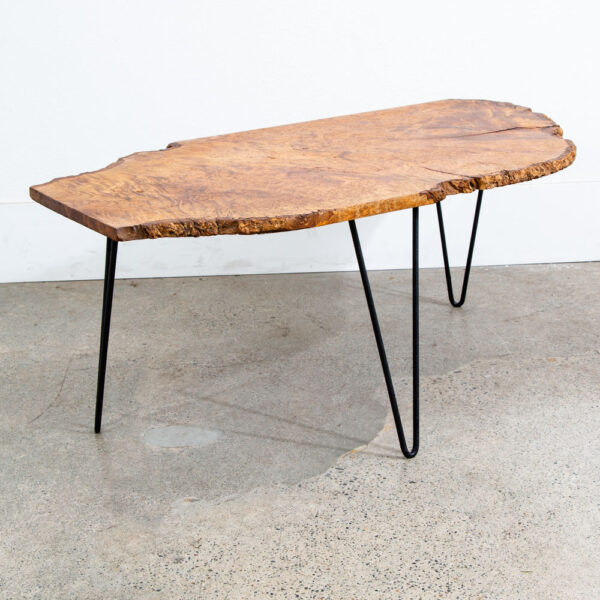Mid Century Modern Coffee Table Live Edge Hairpin Wrought Iron Legs Burl Wood - Image 3