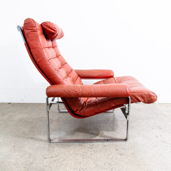 Mid Century Danish Modern Lounge Chairs Red Tufted Metal Frames Pair Set Denmark - Image 4