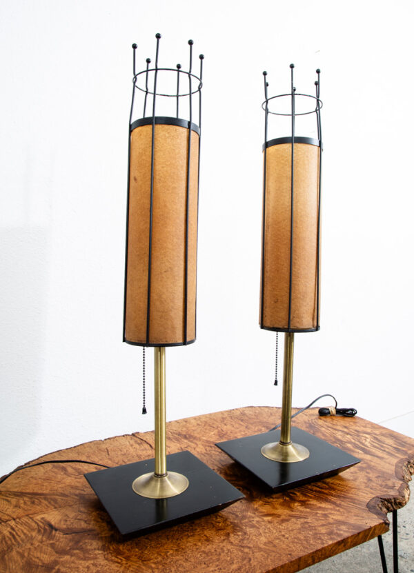 Mid Century Modern Lamp Set Table Light lighting Black Brass Pair Set Round Gold - Image 5
