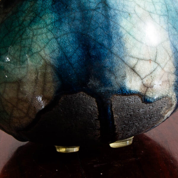 Mid Century Orb Spherical Ceramic Art Piece Navy Blue Teal Drip Glaze Studio Mcm - Image 9
