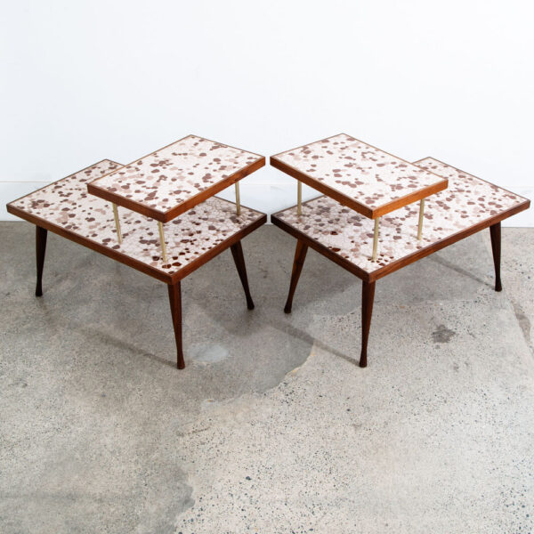 Mid Century Modern Nightstands End Side Table Step up Walnut Tile Ceramic Pebble - Image 3