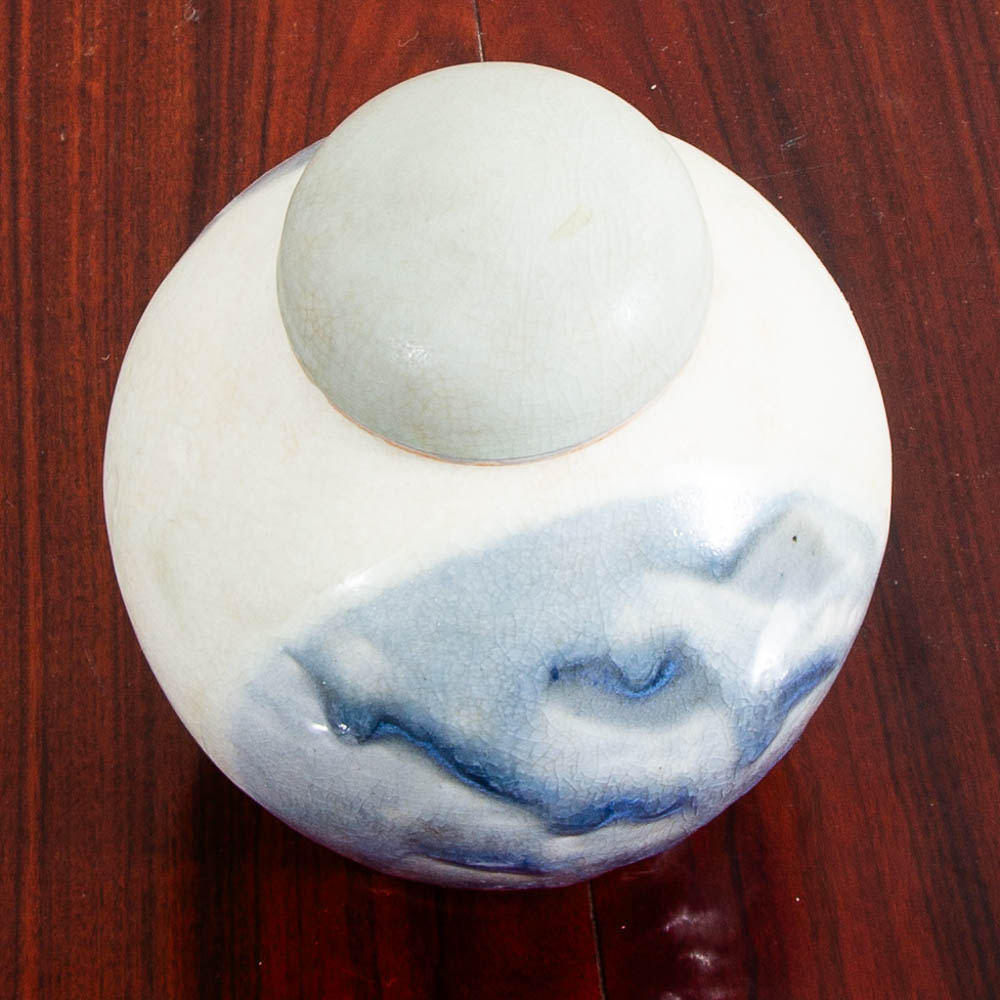 Mid Century Modern Lidded Vessel Studio Designed Rounded Vessel Blue Glazed Lid - Image 4