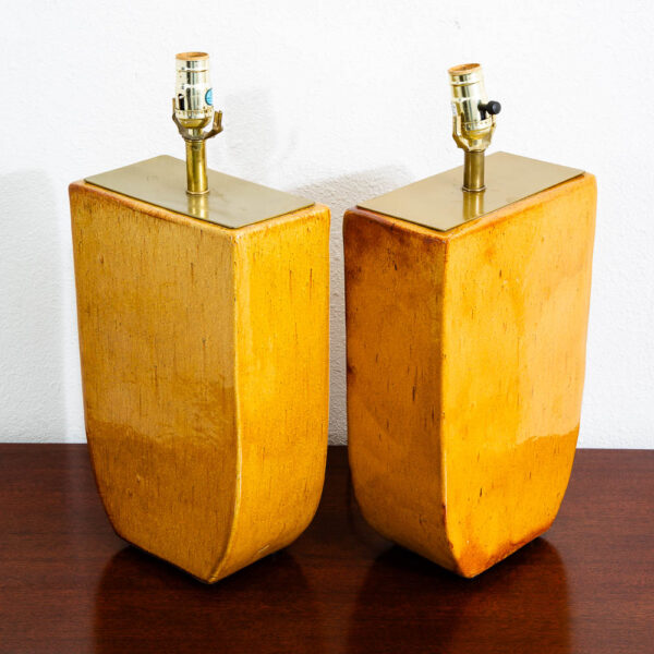 Mid Century Modern Table Lamp Pair Ceramic Yellow Orange Brass Set 2 Studio Mcm