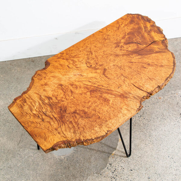 Mid Century Modern Coffee Table Live Edge Hairpin Wrought Iron Legs Burl Wood - Image 9