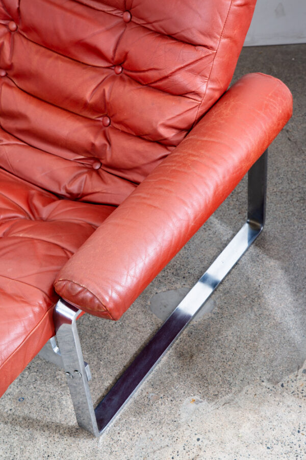 Mid Century Danish Modern Lounge Chairs Red Tufted Metal Frames Pair Set Denmark - Image 7