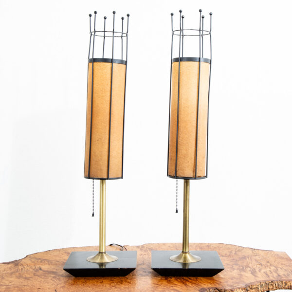 Mid Century Modern Lamp Set Table Light lighting Black Brass Pair Set Round Gold - Image 4