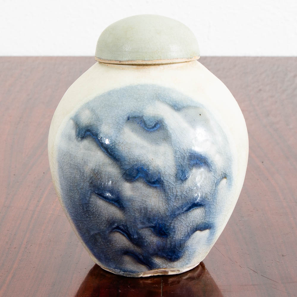 Mid Century Modern Lidded Vessel Studio Designed Rounded Vessel Blue Glazed Lid