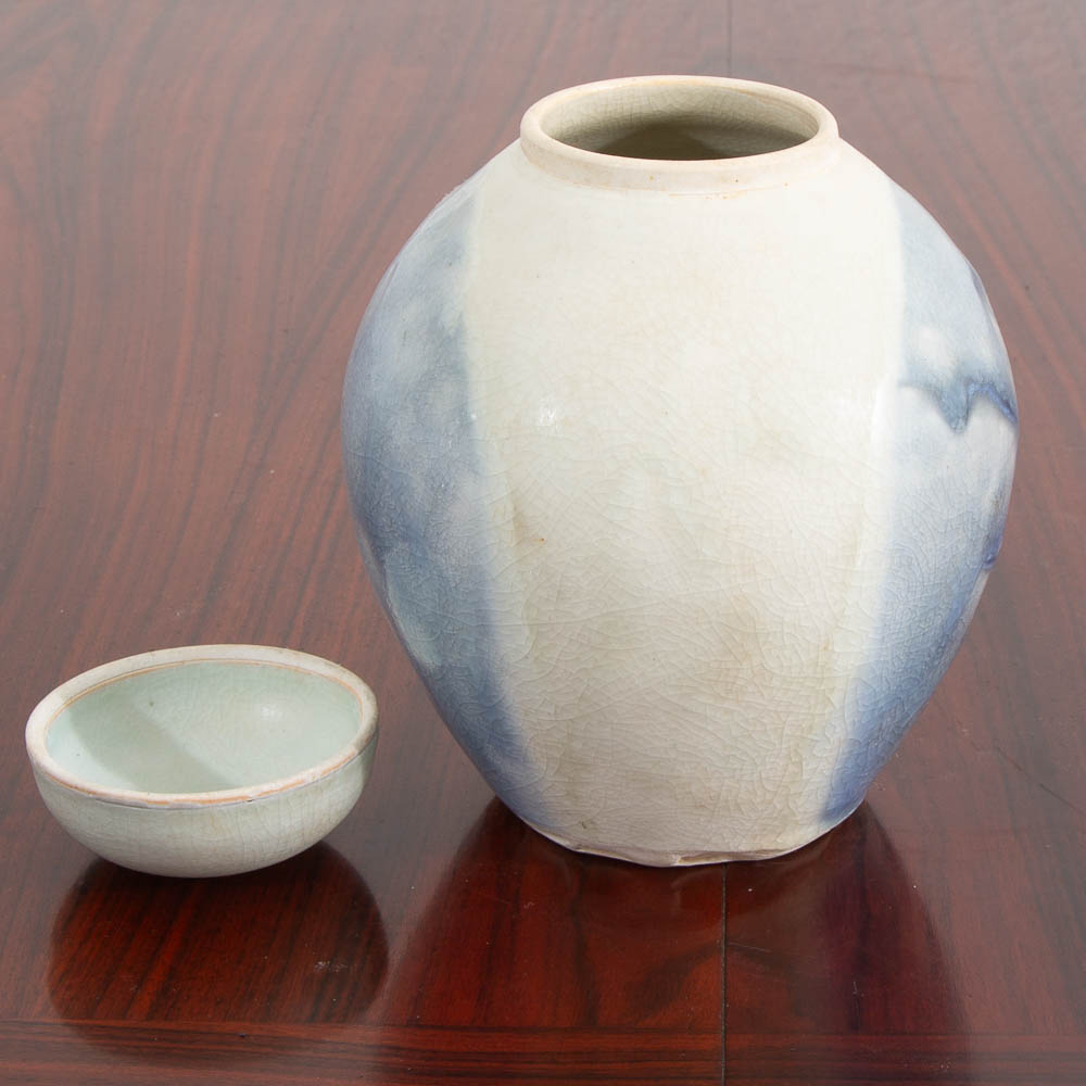Mid Century Modern Lidded Vessel Studio Designed Rounded Vessel Blue Glazed Lid - Image 3