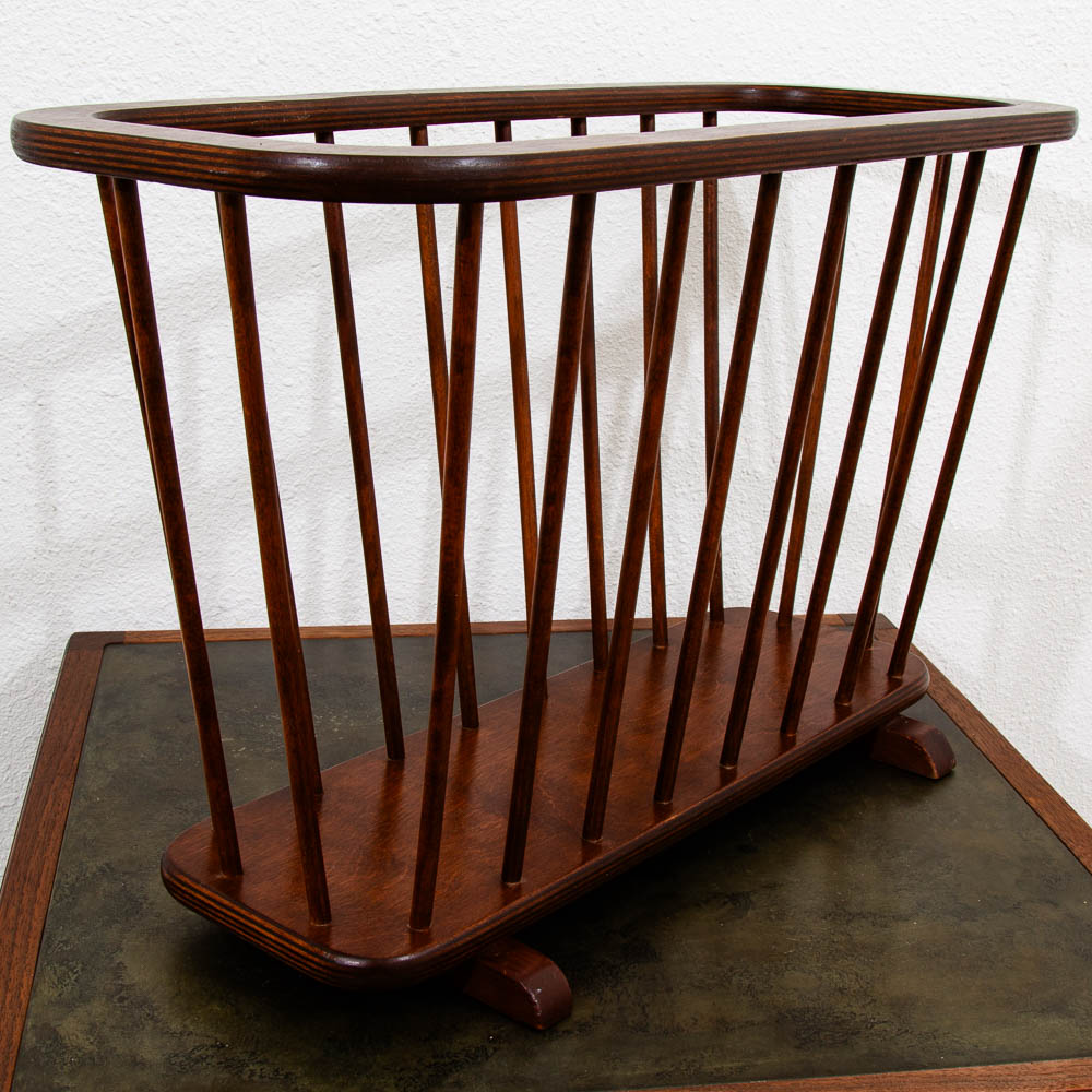 Mid Century Modern Vintage Magazine Rack Spindle Solid Walnut Wood Round Umanoff - Image 4