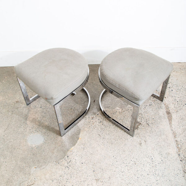 Mid Century Modern Stool Set Ottoman Stool Milo Baughman Chrome Pair Two Fabric - Image 11