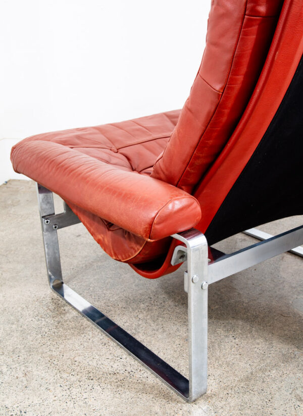 Mid Century Danish Modern Lounge Chairs Red Tufted Metal Frames Pair Set Denmark - Image 8