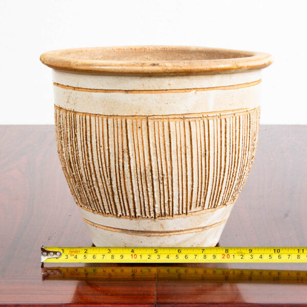 Mid Century Modern Planter White Matte Tan Medium Rough Textured Ceramic Pot - Image 12