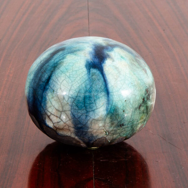 Mid Century Orb Spherical Ceramic Art Piece Navy Blue Teal Drip Glaze Studio Mcm - Image 2