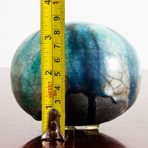 Mid Century Orb Spherical Ceramic Art Piece Navy Blue Teal Drip Glaze Studio Mcm - Image 4