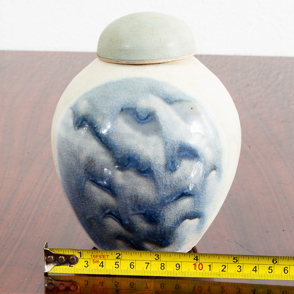 Mid Century Modern Lidded Vessel Studio Designed Rounded Vessel Blue Glazed Lid - Image 10