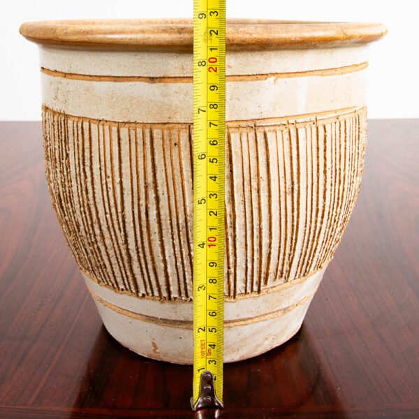 Mid Century Modern Planter White Matte Tan Medium Rough Textured Ceramic Pot - Image 11