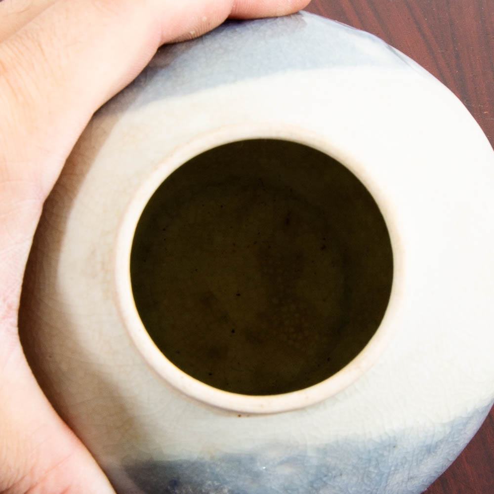 Mid Century Modern Lidded Vessel Studio Designed Rounded Vessel Blue Glazed Lid - Image 9