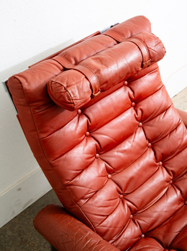 Mid Century Danish Modern Lounge Chairs Red Tufted Metal Frames Pair Set Denmark - Image 11