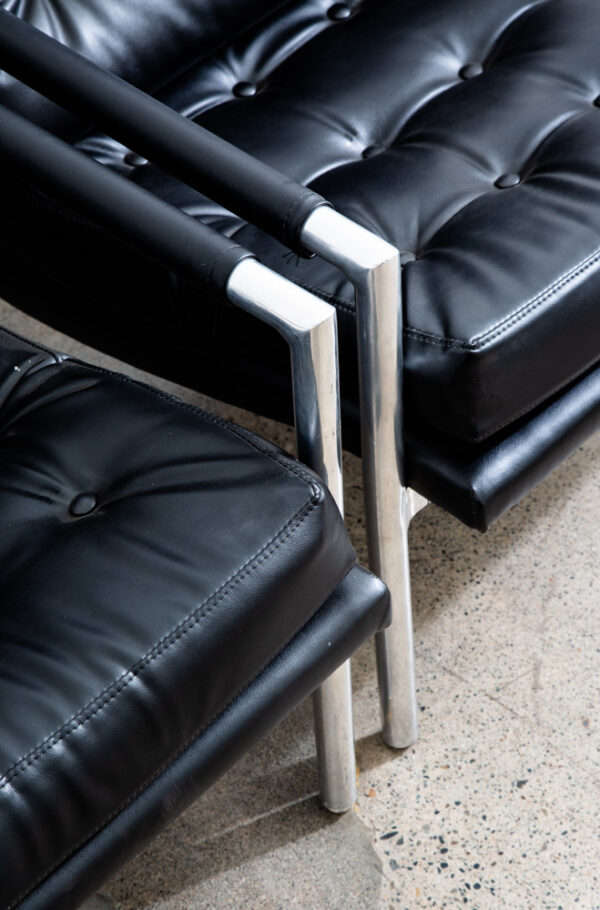 Mid Century Danish Modern Lounge Chairs Black Tufted Metal Frames Vintage Mcm - Image 9