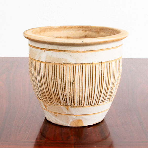 Mid Century Modern Planter White Matte Tan Medium Rough Textured Ceramic Pot - Image 9