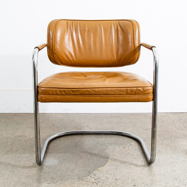 Mid Century Modern Lounge Chair Armchair Cognac Tan Caramel Leather Chrome - Image 2