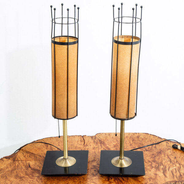 Mid Century Modern Lamp Set Table Light lighting Black Brass Pair Set Round Gold