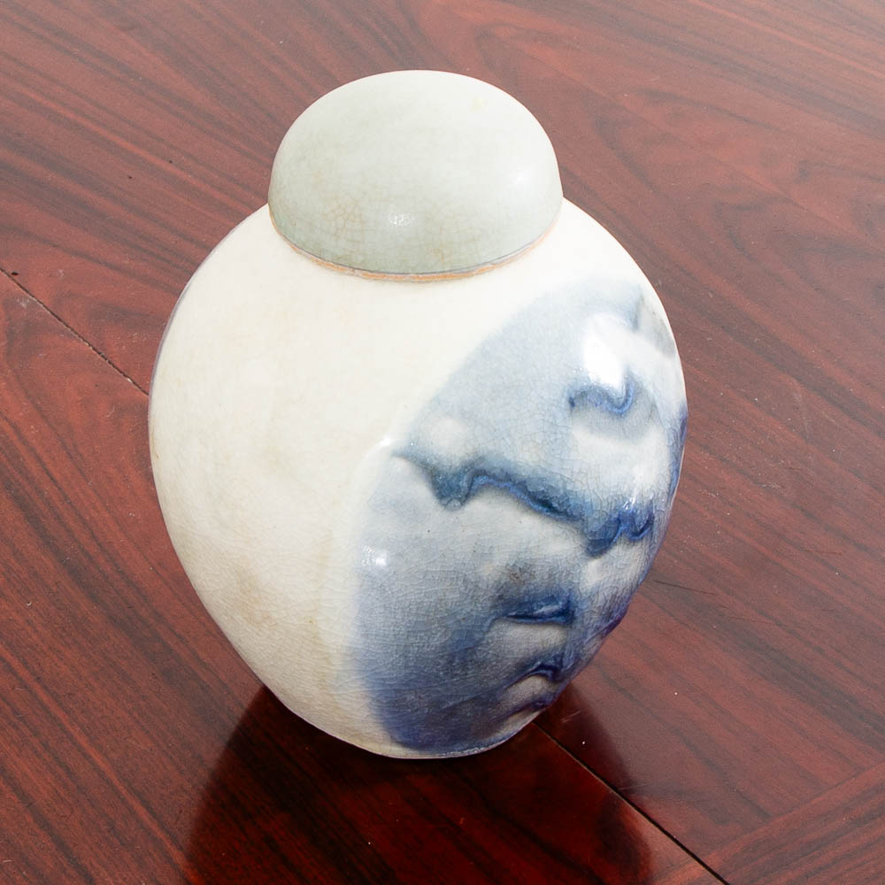 Mid Century Modern Lidded Vessel Studio Designed Rounded Vessel Blue Glazed Lid - Image 2