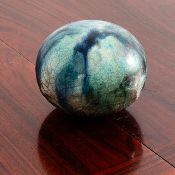 Mid Century Orb Spherical Ceramic Art Piece Navy Blue Teal Drip Glaze Studio Mcm - Image 7