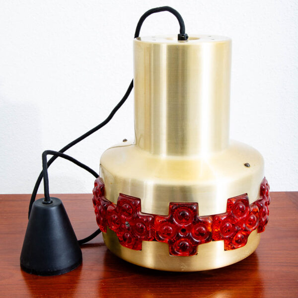 Mid Century Danish Modern Pendant Lamp Claus Bolby Brass Red Flowers Hanging - Image 4