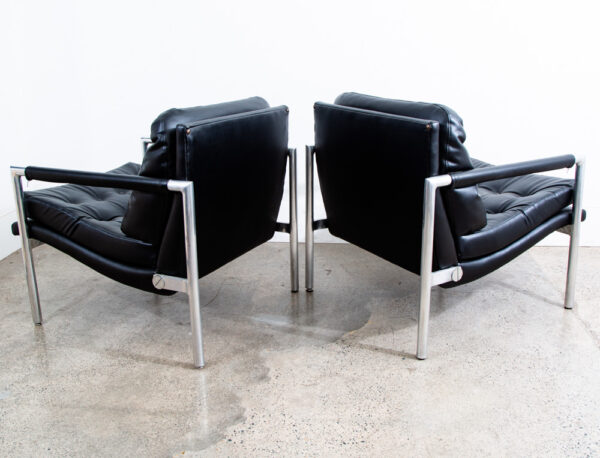 Mid Century Danish Modern Lounge Chairs Black Tufted Metal Frames Vintage Mcm - Image 3