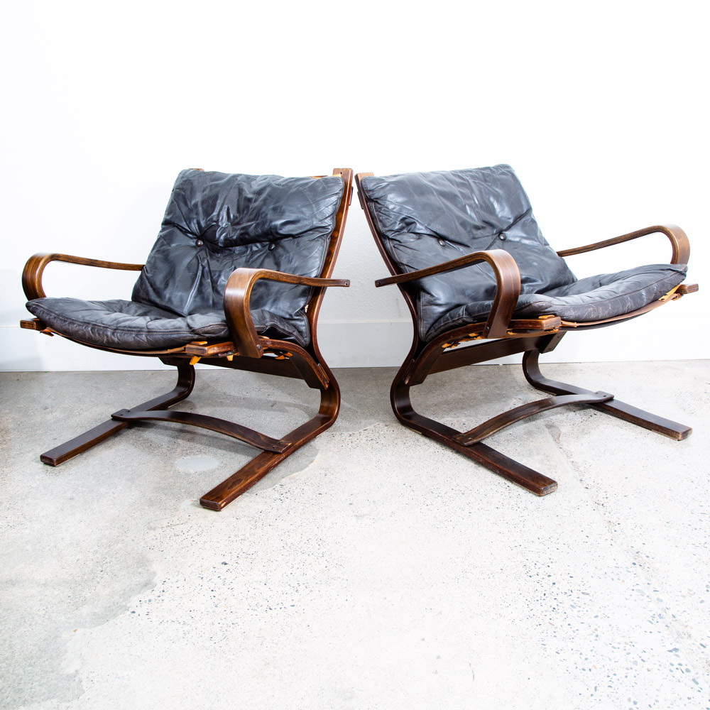 Mid Century Danish Modern Lounge Chairs Black Leather Bentwood Set Pair Komfort