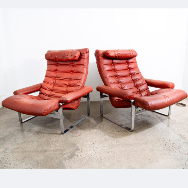 Mid Century Danish Modern Lounge Chairs Red Tufted Metal Frames Pair Set Denmark