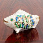 Mid Century Modern Studio Fired Ceramic Fish Green Blue Scales White Decoration