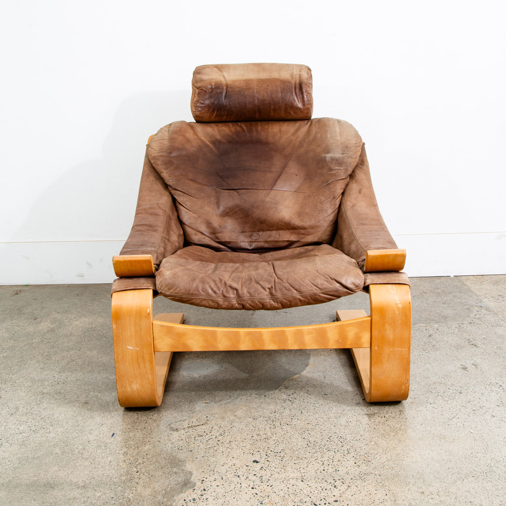 Mid Century Danish Modern Lounge Chairs Brown Leather Bentwood Set Pair Tandem - Image 8