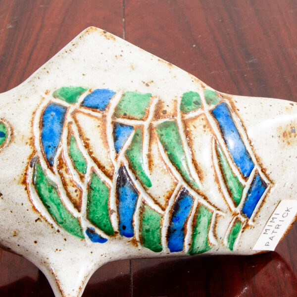 Mid Century Modern Studio Fired Ceramic Fish Green Blue Scales White Decoration - Image 9