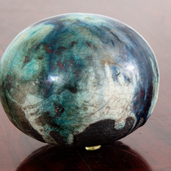 Mid Century Orb Spherical Ceramic Art Piece Navy Blue Teal Drip Glaze Studio Mcm - Image 12